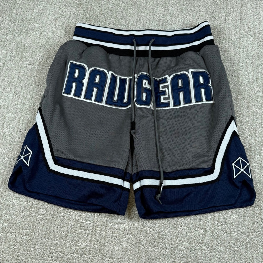 Rawgear Mens Medium Gray Blue 7" Mesh Embroidered Athletic Gym Shorts Boxing